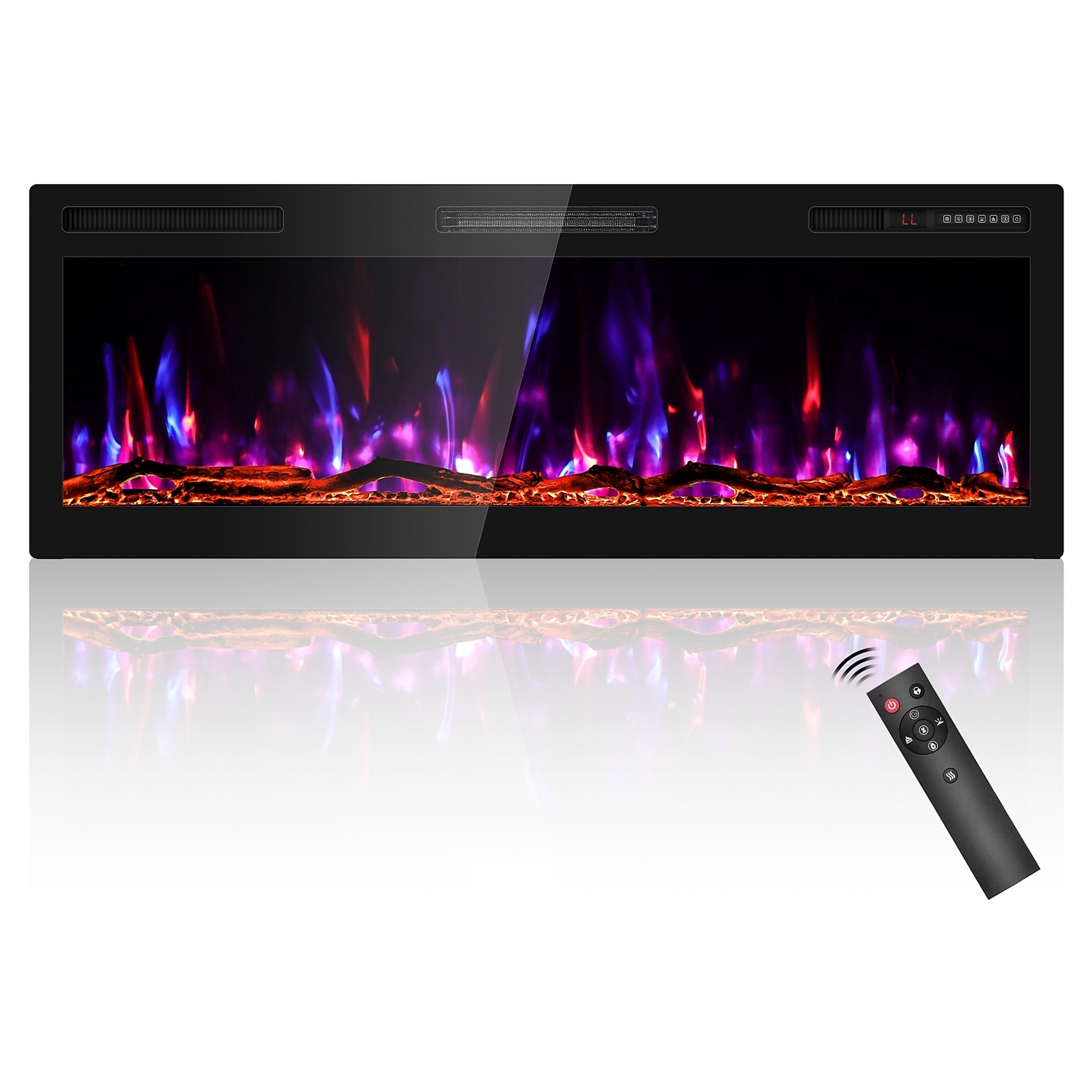 EdenDirect 50in Electric Fireplace, 750/1500W, Recessed & Wall Mount, 4.4in Profile, 12-Color Flame, Touchscreen, Remote, 8-Hr Timer